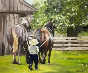 A young child in a straw hat and boots leads two horses by their reins toward a wooden barn, set in a grassy area with a wooden fence and lush green trees, reminiscent of the scene depicted on Hands Full.