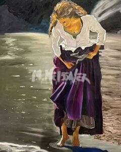 Barefoot by the water, a woman with long hair delicately lifts her purple skirt while wearing a white blouse. The dark background and reflective surface give the scene a painterly style.
