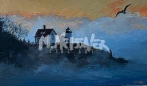 The painting Foggy Morning features a lighthouse and house on a rocky cliff during a foggy morning, with a bird in the sky and a vibrant background that transitions from orange to blue.