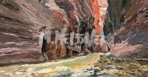 The Narrows painting captures Zion Canyons essence with its textured depiction of rocky walls in earthy browns, reds, and grays. A shallow stream meanders through the canyon, edged by small stones, reminiscent of Utah’s National Park beauty.
