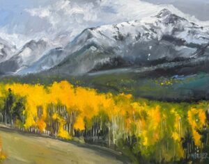 A landscape painting inspired by paintings by Michael Meissner depicts snow-capped mountains under a cloudy sky, with a dense forest of bright yellow and green trees in the foreground.