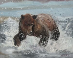 A brown bear charges through splashing water, droplets suspended in the air. The bear’s wet fur and dynamic motion evoke the spirit of the wild, reminiscent of paintings by Michael Meissner that capture nature’s raw energy.