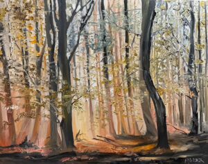 An impressionist painting inspired by paintings by Michael Meissner, depicting a sunlit forest with tall trees, dappled light, brown trunks, scattered yellow leaves, and soft orange hues on the ground.