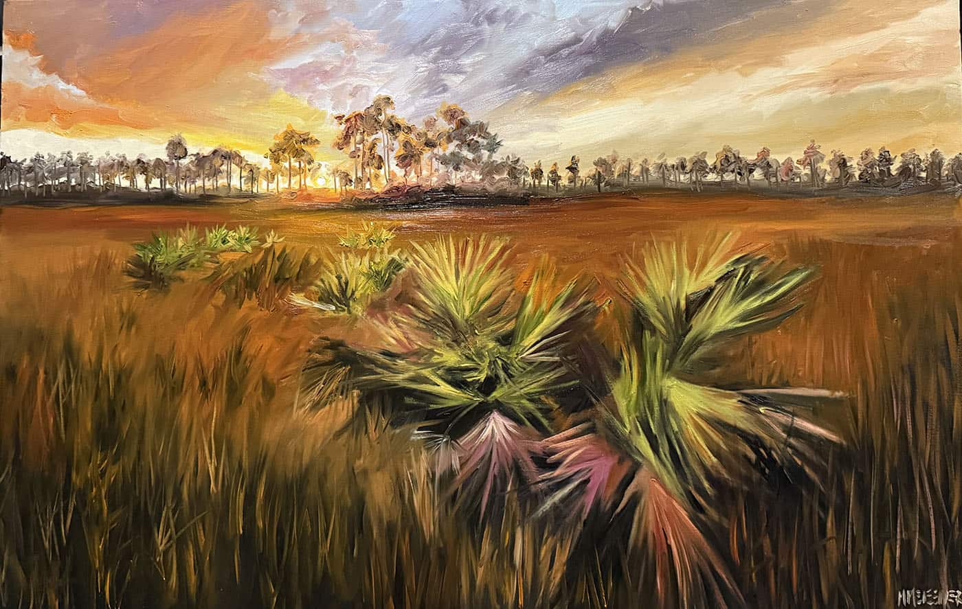 A vivid painting by Michael Meissner depicts a sunset over a lush field with palm-like plants in the foreground and a line of trees silhouetted against the colorful sky. The scene is bathed in warm oranges, yellows, and purples.