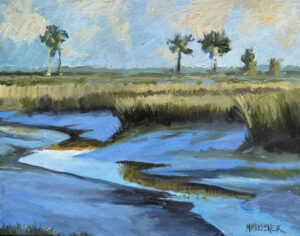 An impressionist landscape painting by Michael Meissner shows a marsh with blue water, tall green grasses, and three palm trees in the distance under a partly cloudy sky.