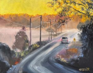 A painting in the style of Paintings by Michael Meissner shows a car driving down a curving rural road at sunrise, yellow-leaved trees and misty fields all around, with a 50 speed limit sign and utility poles lining the road.