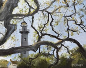 A tall lighthouse stands in the background, partially obscured by large, twisting tree branches with sparse green leaves, set against a pale blue sky—reminiscent of paintings by Michael Meissner.