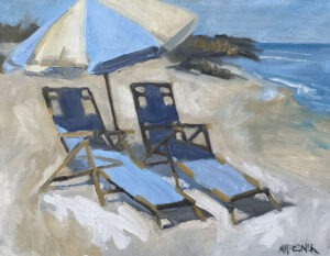 A painting by Michael Meissner featuring two empty blue beach chairs and a white umbrella on a sandy shore, with gentle waves and distant dunes beneath a clear blue sky.
