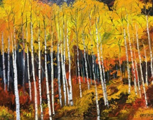 A vibrant painting inspired by paintings by Michael Meissner, featuring a forest of tall, slender birch trees with white trunks and bright yellow autumn leaves, complemented by orange and brown foliage on the ground.