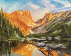 A vibrant painting inspired by Paintings by Michael Meissner, showcasing a mountain landscape at sunset—orange and yellow peaks reflected in a calm lake, surrounded by pine trees beneath a partly cloudy sky.