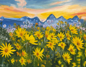 A vibrant field of yellow wildflowers blooms in the foreground, with purple flowers scattered among them—just like in paintings by Michael Meissner. Blue mountains rise beneath a dramatic, colorful sunset sky of orange, pink, and yellow tones.