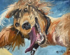 A playful painting of a dog with shaggy fur, tongue hanging out, and ears flying back against a blue sky, capturing pure joy—reminiscent of the lively style found in paintings by Michael Meissner.