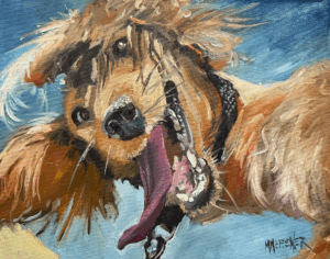 A playful, energetic dog with fluffy fur and a black collar, mouth open wide and tongue out, appears to be in mid-jump against a bright blue sky in this expressive, dynamic painting by Michael Meissner.