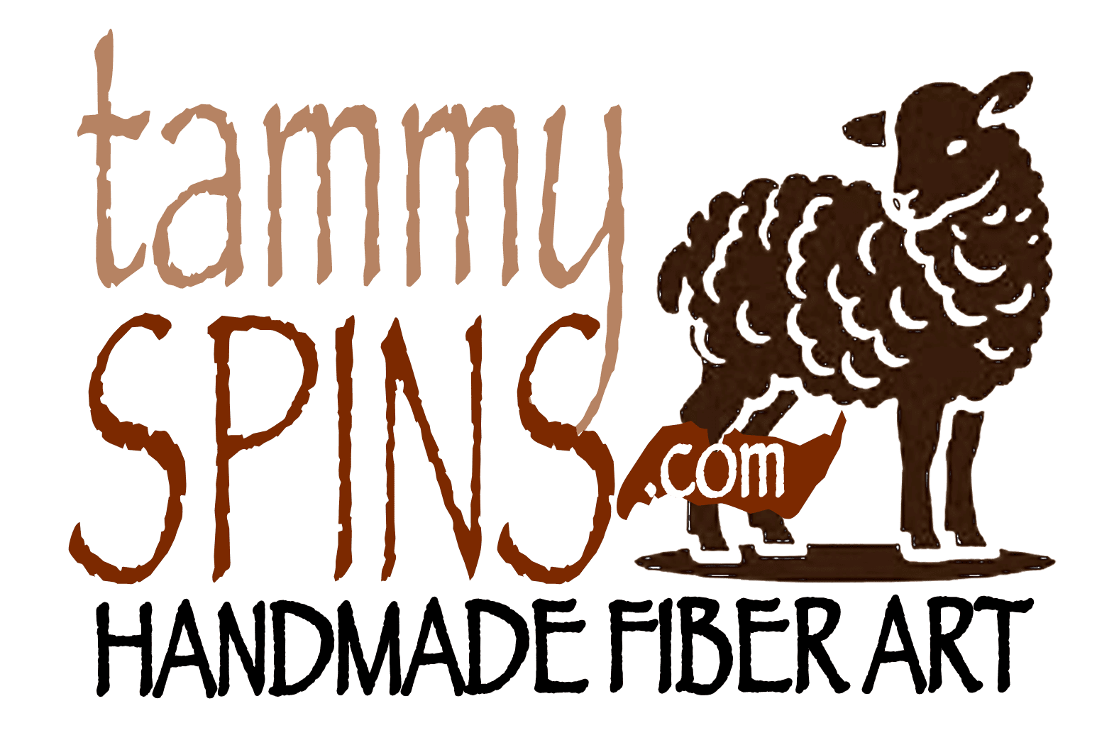 Logo for tammy SPINS.com HANDMADE FIBER ART with a stylized illustration of a sheep standing over a ball of yarn. The text is in hand-drawn brown and black fonts.