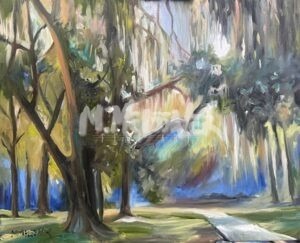 An impressionist painting of a sunlit forest with tall trees, lush green foliage, and a winding path. Light filters through the branches, creating soft, colorful shadows and a serene, inviting atmosphere.