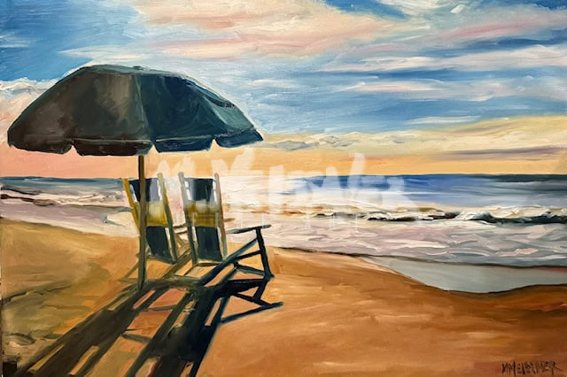 Painting of two empty beach chairs under a large umbrella facing the ocean, with gentle waves and a colorful sky at either sunrise or sunset, casting long shadows on the sand.