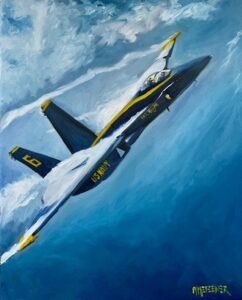 Painting of a US Navy Blue Angels jet in flight, soaring through a blue sky with white clouds, leaving vapor trails behind. The aircraft has US NAVY and the number 6 visible on its wings and tail.
