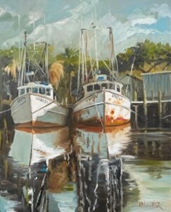 A painting of two fishing boats docked side by side on calm water, reflecting their hulls. The boats are weathered, with visible rust, and trees and a wooden building are in the background under a cloudy sky.