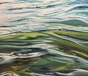 A painting of ocean waves with swirling blue, green, and white brushstrokes, depicting the movement and reflection of light on the water’s surface.