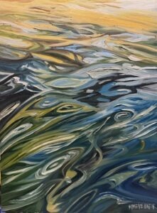 Abstract painting of swirling, wavy patterns in blue, green, yellow, and hints of orange, resembling reflections on water under a colorful sky. The brushstrokes create a sense of fluid motion and depth.