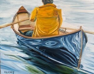 A person in a yellow shirt rows a blue canoe on calm water, viewed from behind. The water reflects the boat’s colors, and soft brushstrokes create a tranquil, painterly scene.