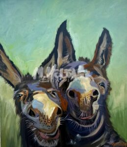 2 Asses": This vibrant artwork features two donkeys with expressive faces and large ears, standing close together and smiling at the viewer, captured in bold colors against a blue-green background.