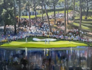 Painting of "No. 9 par 3 course Augusta," showing players on the green, surrounded by trees, water in front, and a crowd of spectators enjoying the scene under soft sunlight.