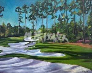 A painting of No. 9 par 3 course Augusta with bright white sand bunkers, lush green fairways, tall trees, and flowering bushes under a clear blue sky.