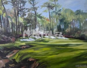 Painting of the No. 9 par 3 course Augusta, featuring lush green grass, sand bunkers, a yellow flag near the hole, and tall trees beneath a partly cloudy sky, evoking the beauty of Augusta National.