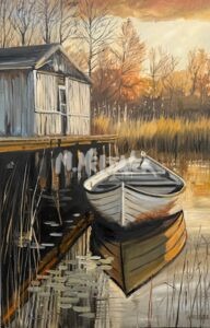 Sea turtle no 1" features a small rowboat by a weathered dock and boathouse on a calm lake, with a lone sea turtle gliding nearby. Bare trees and tall reeds frame the scene under a golden sunset sky.