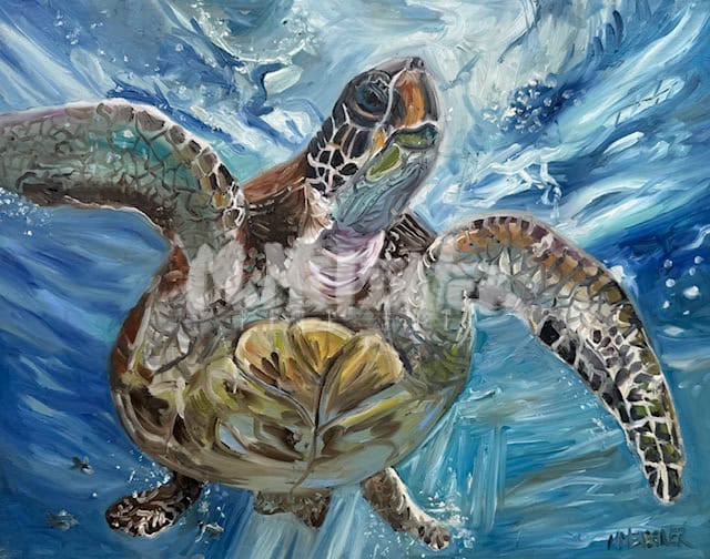 Sea turtle no 1 depicts a graceful sea turtle swimming underwater, its flippers spread wide as it glides through swirling blue water. The turtle’s patterned shell and textured skin stand out amid bubbles and dynamic waves.