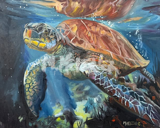 Sea turtle no 1" is an underwater painting of a sea turtle gliding near the ocean surface, with sunlight filtering through the water and detailed textures on its shell and flippers.