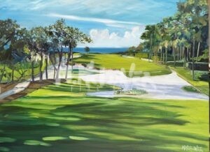 A vibrant painting titled "No 18 Harbour Town Goof Links" shows green fairways, sand traps, tree clusters, and a blue sky with the ocean visible in the distance.