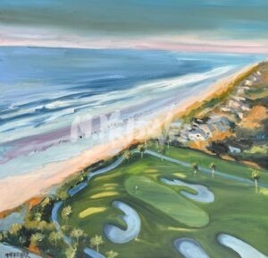 A painting of waves meeting sandy shores, bordered by palm trees and sand traps beneath a clear sky, captures the scenic beauty of No 18 Harbour Town Golf Links.