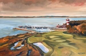 An impressionist painting of No 18 Harbour Town Goof Links, featuring the iconic red-and-white striped lighthouse, marina boats, and waterside clubhouse under a dramatic, cloudy sky.