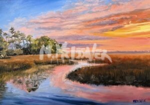 A vibrant painting of No 18 Harbour Town Golf Links captures sunset over the marshland, with blue, pink, and orange clouds mirrored in winding waters. Tall grasses and trees, aglow in golden light, line the left side of the scene.