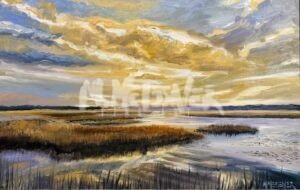 No 18 Harbour Town Golf Links: A painting of marshland at sunset, golden light reflecting off calm waters near the course. Tall grasses frame the shore as dramatic yellow, orange, and blue hues fill the sky.