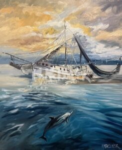 A painting of No 18 Harbour Town Goof Links at sunset features dramatic clouds, calm blue water, and a dolphin swimming in the foreground, its reflection shimmering near a fishing boat with dark nets.