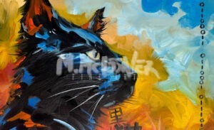 A vibrant, abstract painting in the style of Paintings by Michael Meissner features a black cat with blue highlights against a warm yellow and orange background, digital binary code, and Chinese characters woven throughout the scene.
