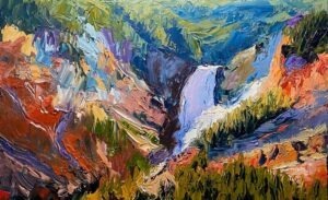 Colorful impressionist painting of a canyon landscape with a river and waterfall at the center, inspired by the vibrant style found in paintings by Michael Meissner, with lively strokes of green, blue, orange, and purple depicting trees, rocks, and water.