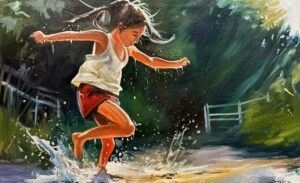 A painting in the style of Paintings by Michael Meissner shows a young girl with pigtails joyfully splashing barefoot through a puddle, sunlit droplets dancing around her, in a green outdoor setting.