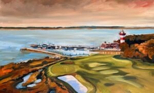 Painting of a coastal golf course with green fairways in the foreground, a red-and-white striped lighthouse, and marina with boats—one of the serene Paintings by Michael Meissner—set against calm blue water under a cloudy sky.