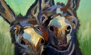 A colorful, expressive painting by Michael Meissner features two donkeys with their faces close together, gazing at the viewer. Their fur shines in vibrant blues, browns, and yellows against a vivid green background.