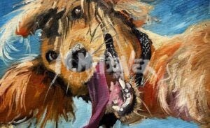 A vibrant, painterly image reminiscent of paintings by Michael Meissner, featuring a playful dog with long, tan fur, open mouth, and tongue out against a blue background. Energetic brushstrokes convey excitement and joy.
