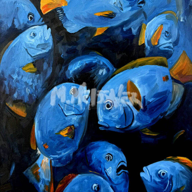 A vibrant painting featuring a sea turtle and several blue clown fish with orange fins swimming against a dark background, their expressive faces and exaggerated features creating a lively, whimsical reef scene.