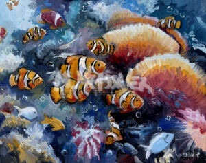 The “Sea turtle and Clown fish” artwork features vibrant orange-and-white clownfish swimming among sea anemones and coral, with a graceful sea turtle gliding nearby and other tropical fish in the background.