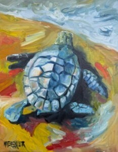 An impressionistic painting of a sea turtle crawling on a colorful sandy beach toward the ocean, with blue, green, and orange tones. The turtle is seen from above.