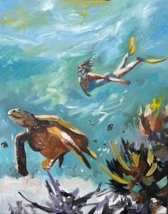 A person wearing a snorkel and fins swims underwater alongside a large sea turtle, surrounded by colorful coral and small fish in clear blue water. The image is painted in a vibrant, impressionistic style.