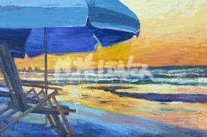 A colorful painting of a beach scene at sunset, showing blue umbrellas and chairs in the foreground, with waves, golden sunlight, and reflections on the sand in the background.