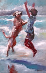 A painting of a joyful child and a dog jumping and playing together in shallow ocean waves, with both appearing happy and energetic under a bright sky.